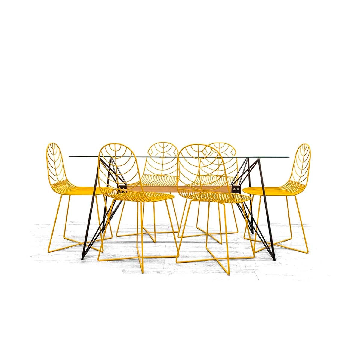 Mesa de vidrio con 6 sillas en metal amarillo - Tu Gow