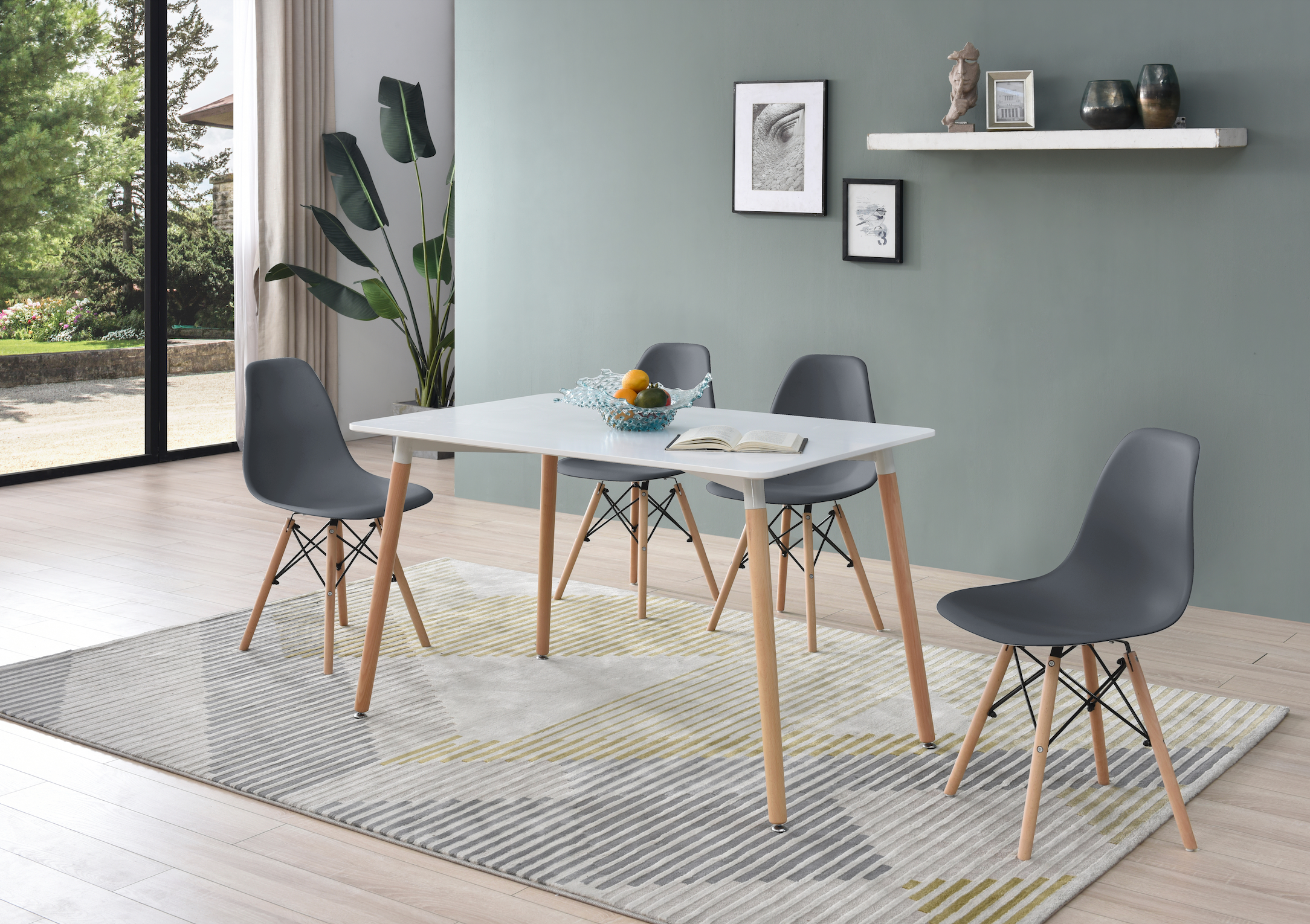 Comedor Munich con 4 sillas Oslo - Blanco y Gris