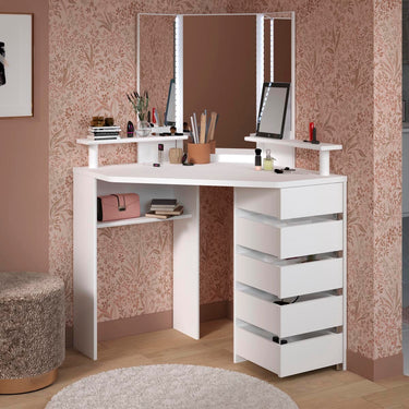 Tocador pequeño para dormitorio, mesa de maquillaje con espejos redondos  LED y mesa auxiliar de cajón (blanco/gris), bancas de tocador / escritorio  de