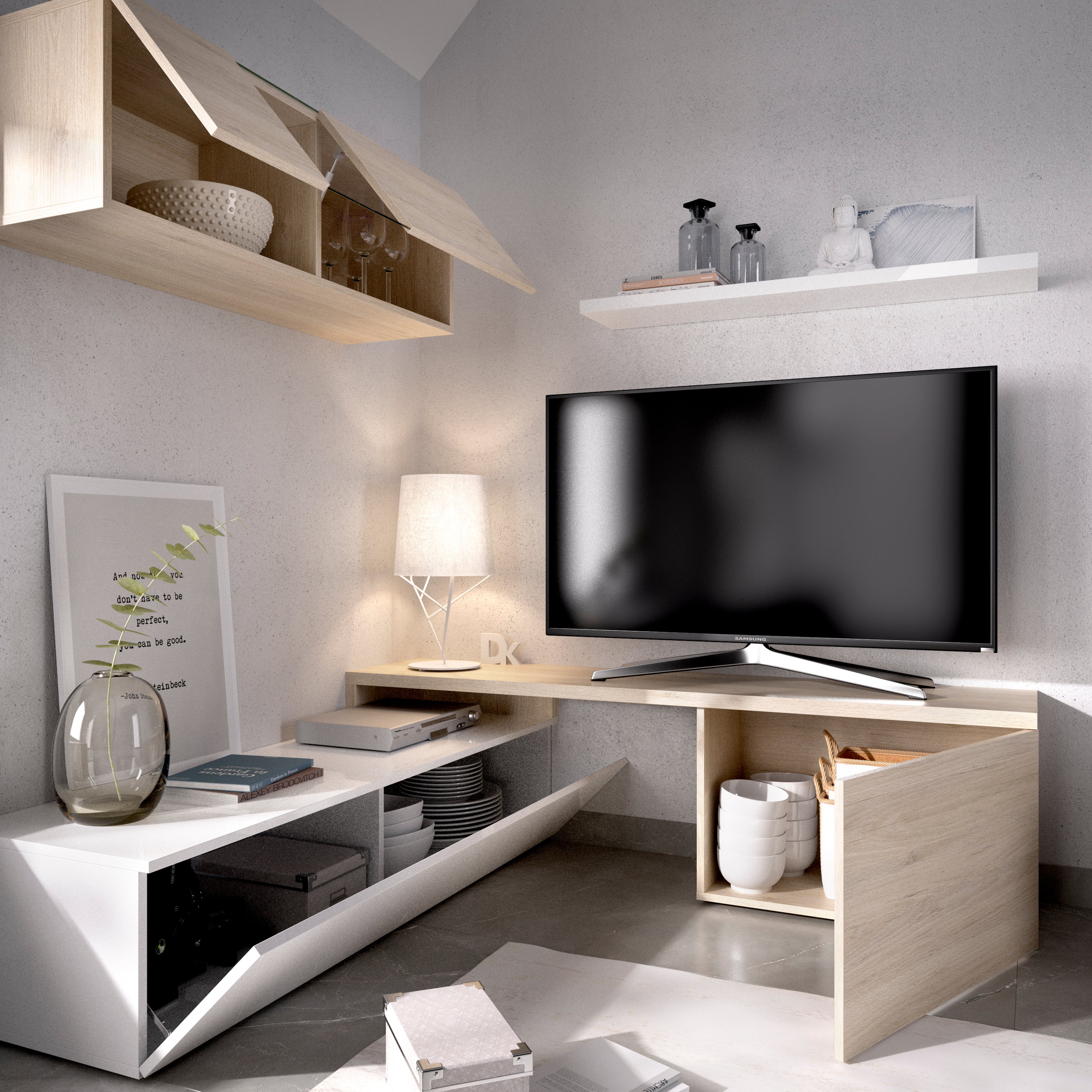 Mueble para tv Kely - Color Madera y Blanco Brillante - Tu Gow