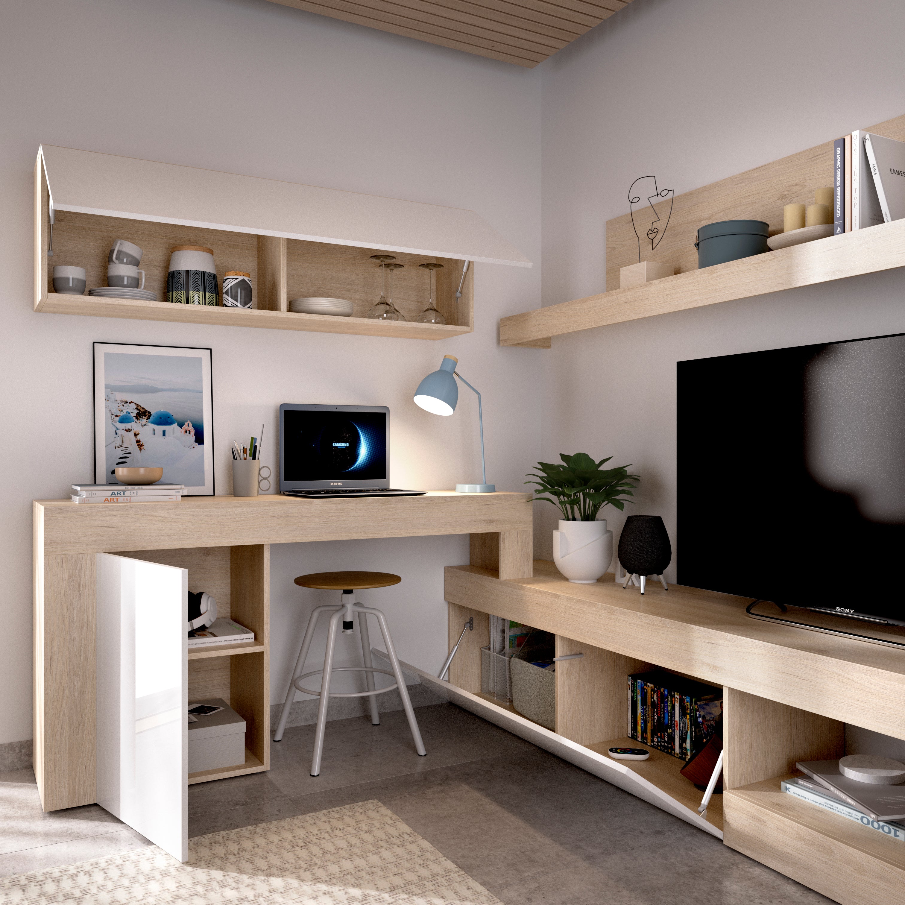 Mueble para tv Moore - Color Madera y Blanco Brillante - Tu Gow