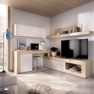 Mueble para tv Moore - Color Madera y Blanco Brillante - Tu Gow