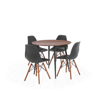 Mesa redonda nogal con 4 sillas negras con patas nogal - Tu Gow