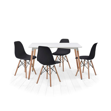 Mesa rectangular blanca con 4 sillas negras - Tu Gow