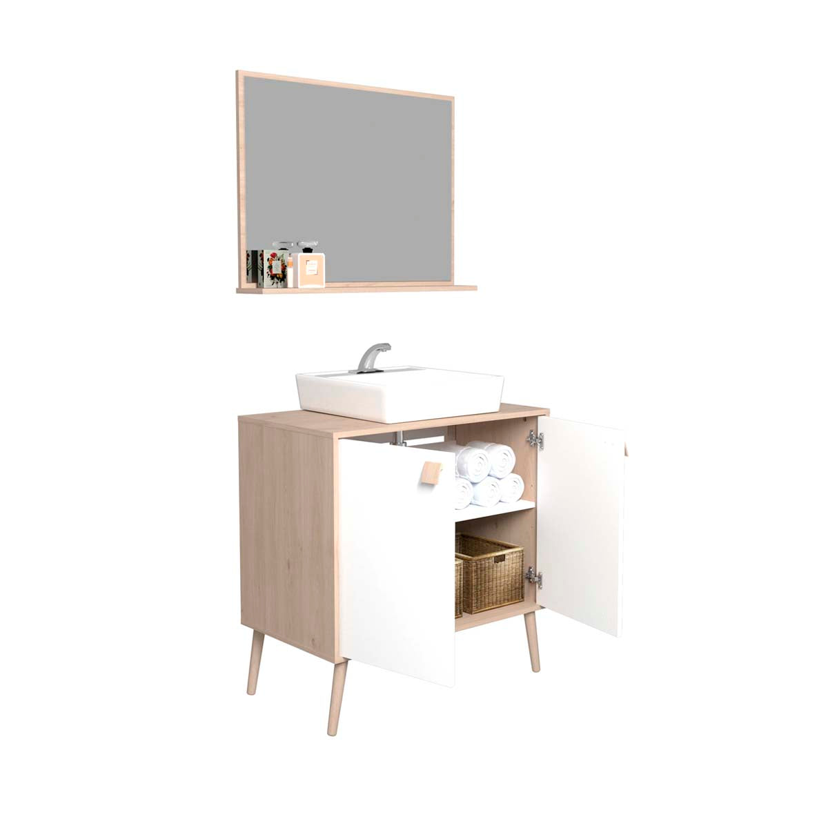 Conjunto mueble de baño y espejo Sigma - Color Madera y Blanco - Tu Gow